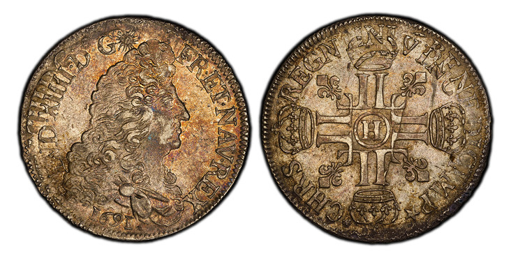 1087494 FRANCE. Louis XIV. (King, 1643-1715). 1691-H AR Ecu. PCGS AU55.  La Rochelle. 40mm. 27.02gm. LVD. XIIII. D. G (soleil) - FR. ET. NAV. REX. Bust, right; date below truncation / CHRS - REGN - VINC - IMP. Crowned double LLs in cruciform; a li...