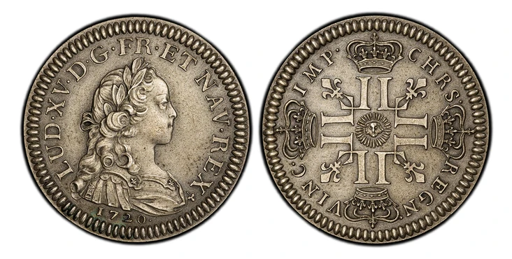 1087518 FRANCE. Louis XV. (Third Republic, 1871-1940). "1720" (c.1880) AR Essai de Fabrication. PCGS SP64.  25mm. 8.07gm. Laureate, draped and cuirassed bust Louis XV right, 1720 below / Crowned cruciform L's, lis in angles. Mazard 2227a; VG-3963 ...