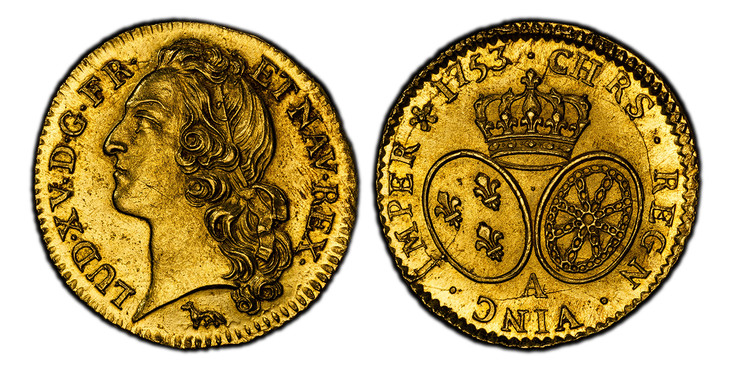 1087498 FRANCE. Louis XV. 1753-A AV Louis d'Or. PCGS MS64.  Paris. 24mm. LUD · XV · D · G · FR · ET NAV · REX ·. Head left / CHRS · REGN · VINC · IMPER. Crown above arms of France and Navarre. KM 513.1; Duplessy 1643; Fr.-464; G.-341.

Please use ...