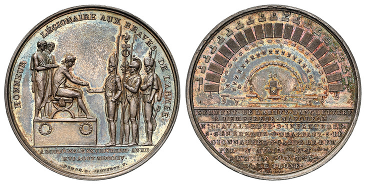 1085397 FRANCE. Napoleon I. 1804 AR Medal. NGC MS63.  By Jeuffroy and Jalet. 40.9mm. 36.66gm. HONNEUR LEGIONNAIRE AUX BRAVES DE L'ARMEE. Napoleon seated on a curule chair, decorating four soldiers of different weapons / SERMENT. DE L'ARMEE. D'ANGL...