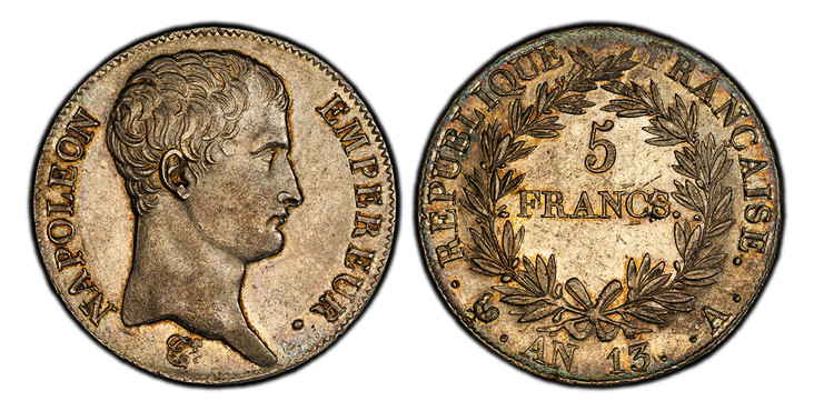 1087503 FRANCE. First Empire, Napoleon Bonaparte. (Emperor, 1804-1814, 1815). L'An 13 (1804)-A AR 5 Francs. PCGS AU55.  By Pierre-Joseph Tiolier. Paris. NAPOLEON EMPEREUR. Monogram below bust / REPUBLIQUE FRANCAISE. Denomination within wreath. KM ...