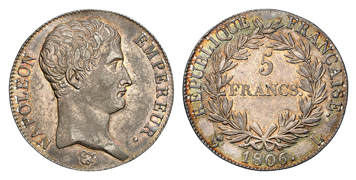 1087457 FRANCE. Napoleon I. (First Empire, 1804-1814). 1806-L AR 5 Francs. NGC AU58.  Bayonne. NAPOLEON EMPEREUR. Head right / REPUBLIQUE FRANCAISE. Denomination within wreath. KM 673.8; Gad.-581.

Please use this link to verify the NGC certificat...