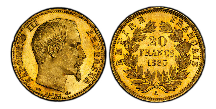 1087250 FRANCE. Napoleon III. (Emperor, 1852-1870). 1860-A AV 20 Francs. PCGS MS65.  By Barre. Paris. NAPOLEON III EMPEREUR. Head right / EMPIRE FRANCAIS. Denomination within wreath. KM 781.1; Fr.-573; Gad-1061.

Please use this link to verify the...