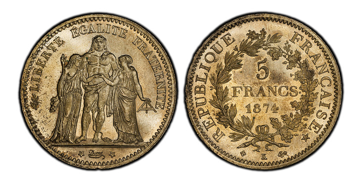 1087515 FRANCE. Third Republic. (1870-1940). 1874-(K) (cross) (anchor) AR 5 Francs. PCGS MS65+.  By Augustin Dupré. Bordeaux. LIBERTE EGALITE FRATERNITE. Hercules group, signed between stars below / REPUBLIQUE FRANCAISE (star). Denomination and da...