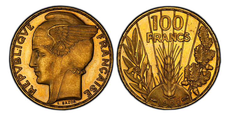 1087525 FRANCE. By L. Bazor. 1935 AV 100 Francs. PCGS PR65 Cameo.  Paris. Winged head left / Denomination above grain sprig, date below, laurel and oak branches flank. KM 880; F.-554; Gad.-1148.

Without mint mark.

Please use this link to verify ...