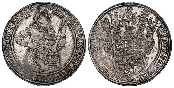 1088037 GERMAN STATES. Brunswick-Luneburg-Celle. Friedrich V. (Duke, 1636-1648). (1641-1649) ND HS AR Thaler. NGC MS62.  Zellerfeld. 28.92gm. FRIDERICH· HERTZ· Z· BRV· LU· CO· D· ST· RA· DPD· BRE·. Armored half figure of Friedrich V holdin a baton...
