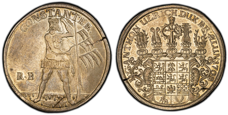 1087126 GERMAN STATES. Brunswick-Wolfenbuttel. Anton Ulrich. 1708 RB AR Thaler. PCGS AU55.  Zellerfeld. D: G: ANTHON. ULRICH DUX BR: & LU:. Helmeted complex arms with ornaments / CONSTANTER. Wildman with tree at right, R.B at left. KM 686.1; Dav.-...