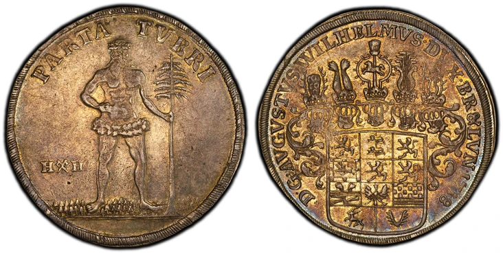 1087127 GERMAN STATES. Brunswick-Wolfenbuttel. August Wilhelm. 1718 EPH AR Thaler. PCGS MS61.  Zellerfeld. D.G. AVGVSTVS. WILHELMVS. DVX. BR. & LVN. Spanish shield of 11-fold arms, 5 ornate helmets above, date at end of legend / PARTA TVERI. Wildm...