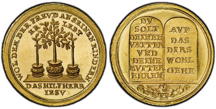 1087089 GERMAN STATES. Hamburg. (Undated) c.1701-1800 AV Medal of Ducat Weight. PCGS MS63PL (Prooflike).  21.99mm. 3.49gm. Larger tree planted in bucket stands between two smaller trees in buckets / Two panels, side by side, displaying the fourth ...