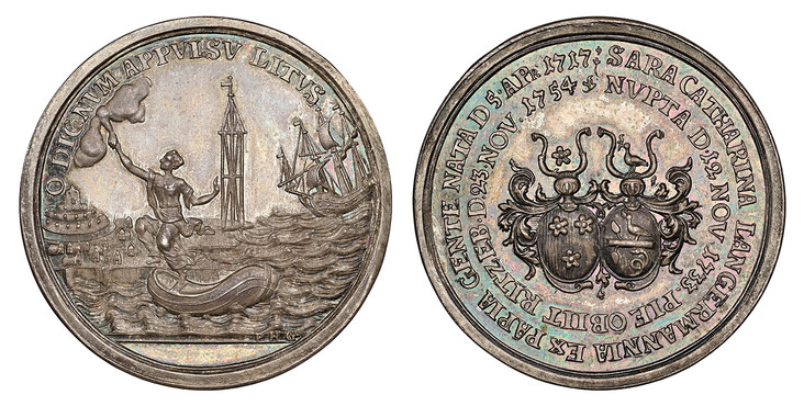 1087556 GERMAN STATES. Hamburg. 1754 AR Medal or "Bürgermeisterpfennig". NGC MS65.  By Paul Heinrich Goedecke. 36mm. SARA CATHARINA LANGERMANNIA EX PAPIA GENTE NATA D5.APR.1717:// NVPTA D.12NOV.1733. PIE OB IIT RITZEB.D.23.NOV.1754. Crested family...