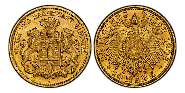 1087102 GERMAN STATES. Hamburg. 1906-J AV 10 Mark. PCGS MS67.  Hamburg. FREIE UND HANSESTADT HAMBURG. Helmeted arms with lion supporters / DEUTSCHES REICH. Crowned imperial eagle, type II. KM 608; Jaeger 211.

Please use this link to verify the PC...