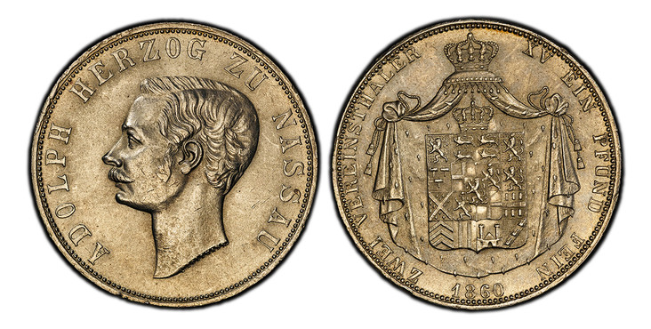 1086777 GERMAN STATES. Nassau. Adolph. 1860 AR 2 Thaler, 3-1/2 Gulden. PCGS MS61.  Wiesbaden. Edge: MÜNZVERTRAG VOM 24 JANUAR 1857 *. 37.02gm. ADOLPH HERZOG ZU NASSAU. Head to left, 'C.ZOLLMANN' on truncation / ZWEI VEREINSTHALER - XV EIN PFUND FE...