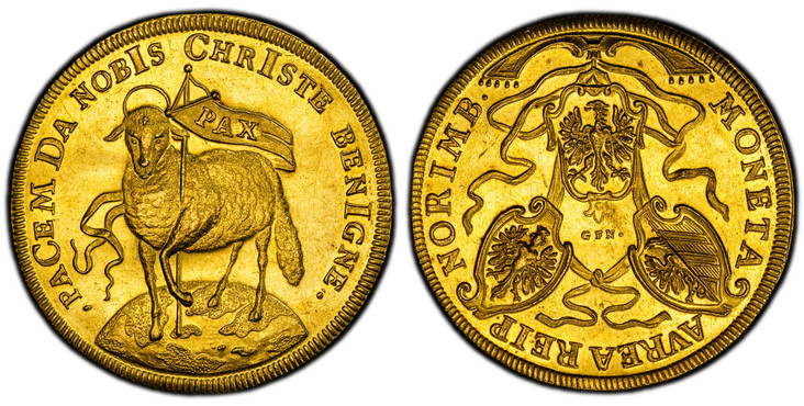 1087205 GERMAN STATES. Nürnberg. Leopold I. (Emperor, 1658–1705). MDCCIII (1703) G.F.N. (G. F. Nürnberger) AV 3 Ducat. PCGS MS61.  10.44gm. MONETA - AVREA REIP - NORIMB. Three shields of arms in ribbons / PACEM DA NOBIS CHRISTE BENIGNE., H. Facing...
