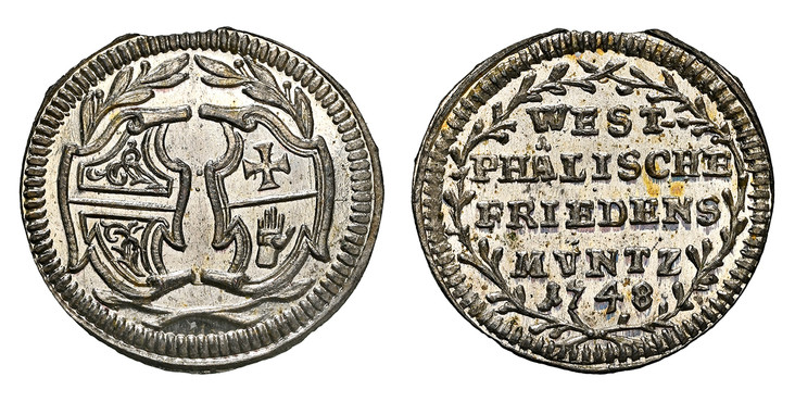 1087702 GERMAN STATES. Nürnberg. Schwäbisch Hall. 1748 AR Off-Metal Medallic 1/4 Ducat. NGC MS67★.  16mm. Shields of arms within branches / Inscription and date with in wreath. Wurster-1837.

Struck in silver for the 100th Celebration of Peace of ...