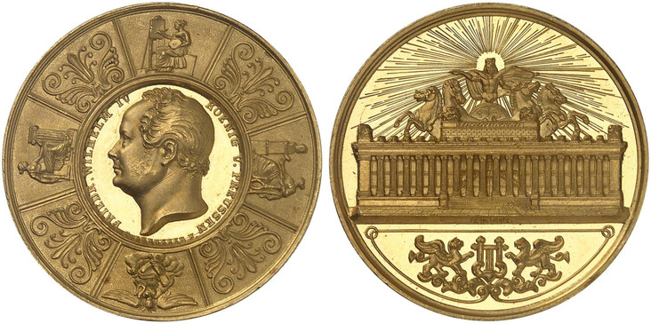 1088019 GERMAN STATES. Prussia. Friedrich Wilhelm IV. (King, 1840-1861). (1850-Dated) AV Medal of 10 Ducats Weight. NGC PR68UCAM (Ultra Cameo).  By Christoph Carl Pfeuffer. 31mm. 34.86gm. Bust, left surrounded by a broad relief band depicting alle...