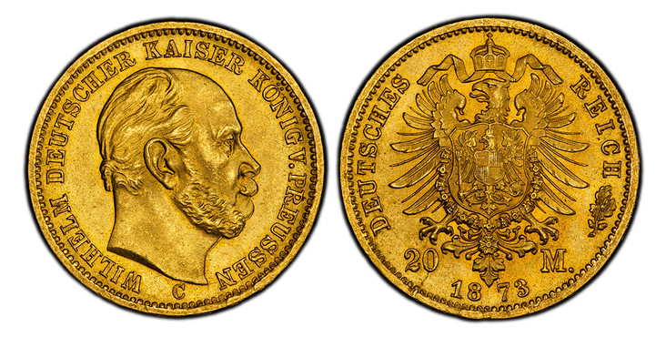 1087105 GERMAN STATES. Prussia. Wilhelm I. 1873-C AV 20 Mark. PCGS MS65.  Frankfurt am Main. Edge: Gott Mit Uns. WILHELM DEUTSCHER KAISER KONIG V. PREUSSEN. Head right / DEUTSCHES REICH. Crowned imperial eagle. KM 501; Jaeger 243C; Fr.-3815.

Plea...