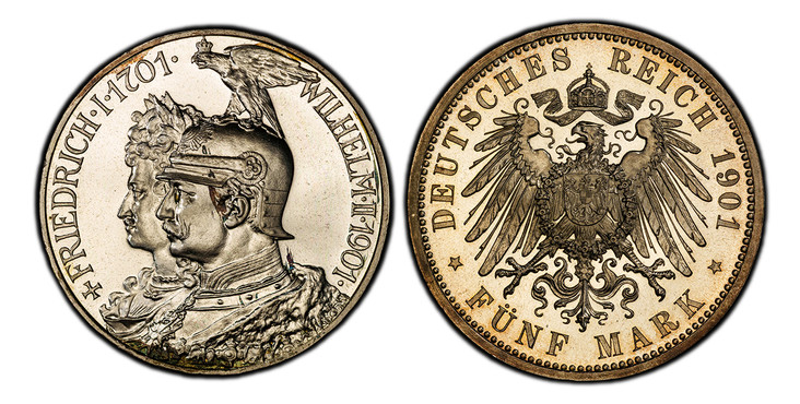 1086781 GERMAN STATES. Prussia. Wilhelm II. (Kaiser, 1888-1918). 1901-A AR 5 Mark. PCGS PR64 Cameo.  Berlin. Edge: GOTT MIT UNS. Friedrich I, Wilhelm II left / Crowned imperial eagle with shield on breast. KM 526. Proof; Jaeger 106.

Commemorating...