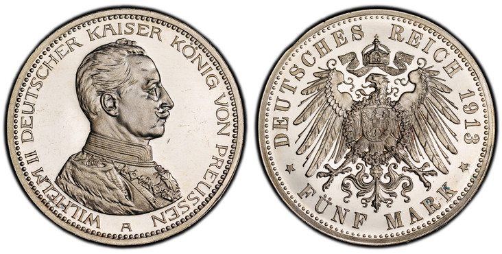 1087097 GERMAN STATES. Prussia. Wilhelm II. (Kaiser, 1888-1918). 1913-A AR 5 Mark. PCGS PR64DCAM (Deep Cameo).  Berlin. Uniformed bust right / Crowned imperial eagle, shield on breast. KM 536; Jaeger 114.

Please use this link to verify the PCGS c...