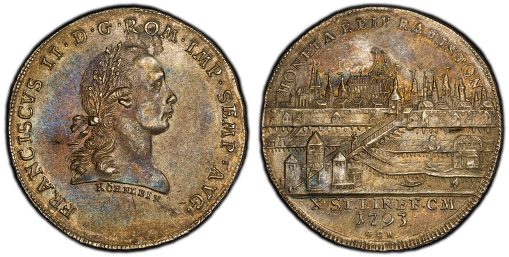 1087704 GERMAN STATES. Regensburg. 1793 GCB AR Thaler. PCGS MS61.  FRANCISCVS II · D · G · ROM · IMP · SEMP · AVG ·, KÖRNLEIN below. Laureate head right / MONETA REIP. RATISPON, X. ST. EINE F.C.M./1793/G.C.B. City view. KM 469; Dav.-2633.

Please ...
