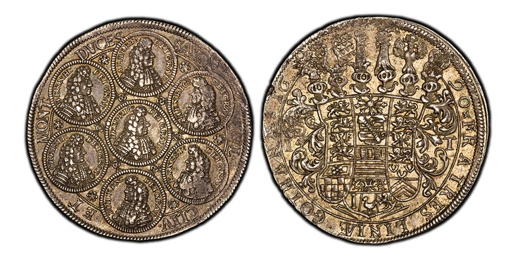 1087133 GERMAN STATES. Saxe-Gotha-Altenburg. Friedrich I. 1690 IT AR Thaler (Familientaler). PCGS AU55.  28.86gm. DUCES-SAXON-IVL.-CLIV.-ET-MONT:. 6 medallions with busts either left or right around center medallion of bust right / LANDG: TH: MARC...