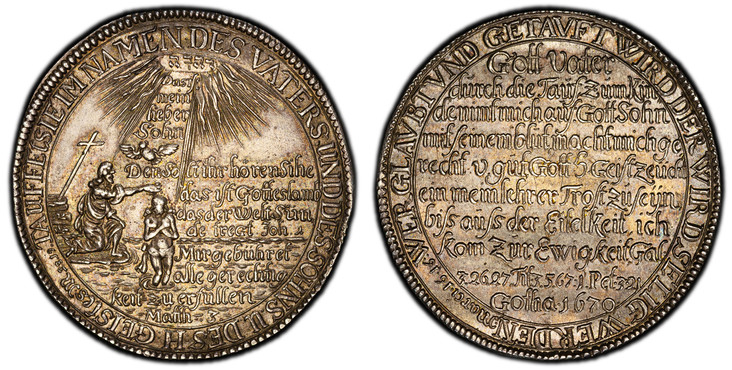 1087132 GERMAN STATES. Saxe-New-Gotha. Ernst I. (Duke, 1640-1675). 1670 AR Thaler. PCGS MS63.  Attributed to Johann Christian Freund (Mintmaster). 29.51gm. Baptismal scene with twelve-line inscription in field / Ten-line inscription. KM 27; Dav.-7...