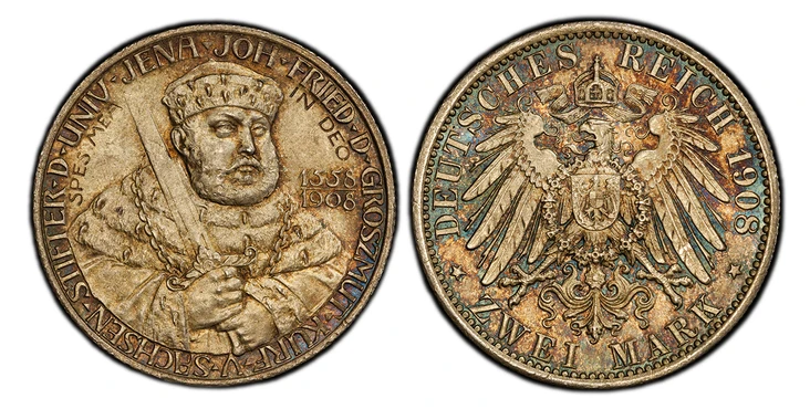 1086883 GERMAN STATES. Saxe-Weimar-Eisenach. Wilhelm Ernst. 1908 AR 2 Mark. PCGS MS67.  Berlin. Edge: Reeded. 28mm. 11.10gm. Johan Friedrich I the Magnanimous 3/4 right / Crowned imperial eagle with shield on breast. KM 219; Jaeger 160.

350th Ann...
