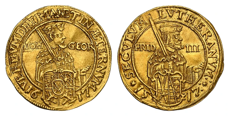 1087561 GERMAN STATES. Saxony-Albertine. Johann Georg I. 1617 AV Ducat. NGC MS61.  Dresden. 3.42gm. VERBVM DNI MANET IN ÆTERNVM. Half-length figure to right, wearing rob and electoral hat, holding sword over right shoulder, divides IOH - GEOR, shi...