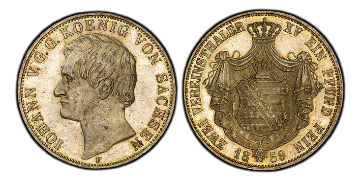 1086778 GERMAN STATES. Saxony-Albertine. Johann. 1859 F AR 2 Thaler, 3-1/2 Gulden. PCGS MS62.  37.07gm. IOHANN V. G. G. KOENIG VON SACHSEN. Head left / ZWEI VEREINSTHALER XV EIN PFUND FEIN. Crowned arched arms within crowned mantle. KM 1195; Dav.-...