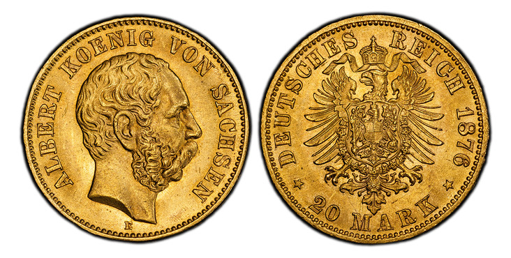 1087109 GERMAN STATES. Saxony-Albertine. Albert. 1876-E AV 20 Mark. PCGS MS66.  ALBERT KOENIG VON SACHSEN. Head right / DEUTSCHES REICH date, 20 MARK below. Type II. KM 1236; Jaeger 262.

Please use this link to verify the PCGS certification numbe...