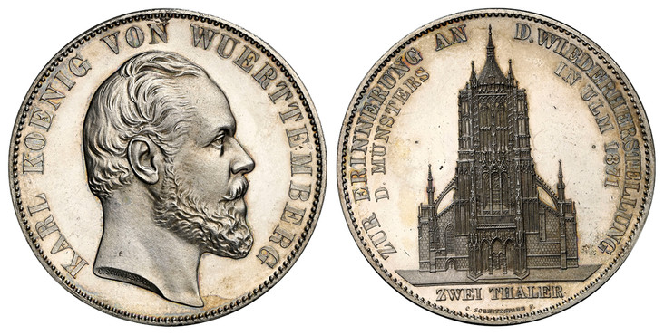 1086672 GERMAN STATES. Württemberg. Karl I. (King, 1864-1891). 1871 AR 2 Thaler, 3-1/2 Gulden. NGC PR62.  By Christian Schnitzspahn. Stuttgart. Edge: XV EIN PFUND FEIN. 36.91gm. KARL KOENIG VON WUERTTEMBERG. Head right / ZUR ERINNERUNG AN D. WIEDE...