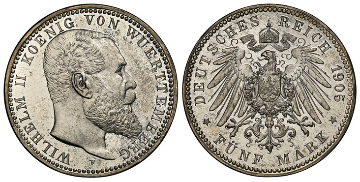 1085102 GERMAN STATES. Württemberg. Wilhelm II. 1905-F AR Pattern 5 Mark. NGC PR63 Cameo.  Stuttgart. Edge: Lettered - * GOTT * MIT * UNS. 34.65mm. 27.76gm. Bust, right / Crowned imperial eagle, shield on breast. KM Pn45; cf. Jaeger 176; Schaaf 17...