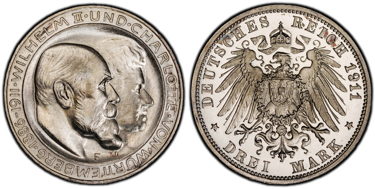 1086784 GERMAN STATES. Württemberg. Wilhelm II. 1911-F AR 3 Mark. PCGS PR67DCAM (Deep Cameo).  Freudenstadt. Edge: GOTT MIT UNS. Conjoined heads right, normal bar in "H" of "CHARLOTTE" / Crowned imperial eagle with shield on breast. KM 636. Proof;...