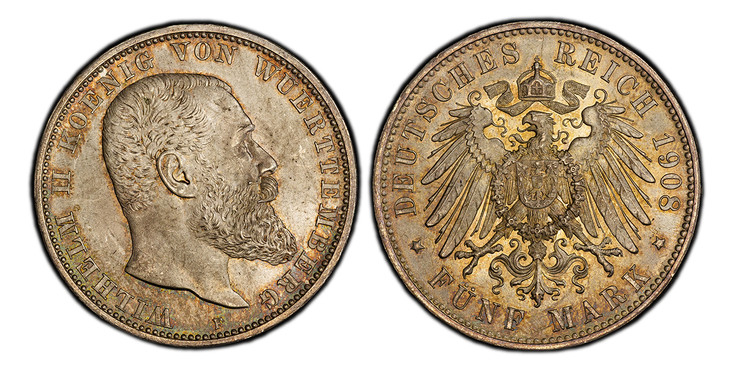 1087122 GERMAN STATES. Wurttemberg. Wilhelm II. 1908-F AR 5 Mark. PCGS MS65.  Freudenstadt. WILHELM II KOENIG VON WUERTTEMBERG. Head right / DEUTSCHES REICH date, FUNF MARK below. Crowned imperial eagle with shield on breast. KM 632; Jaeger 176.

...
