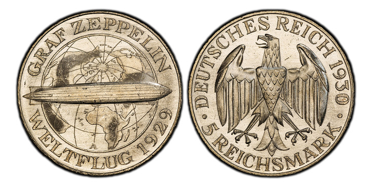 1086785 GERMANY, WEIMAR REPUBLIC. 1930-A AR 5 Reichsmark. PCGS MS65.  Berlin. Eagle, denomination below / Zeppelin across globe, date below. KM 68; Jaeger 343.

Graf Zeppelin flight.

Please use this link to verify the PCGS certification number <a...