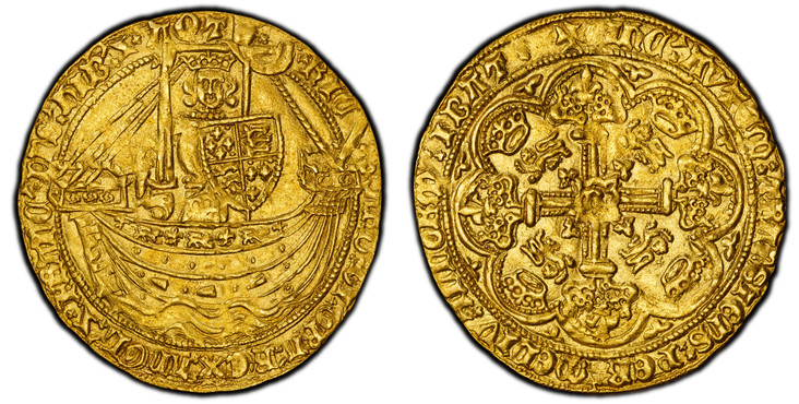 1087220 GREAT BRITAIN. England. Richard II. (King, 1377-1399). (1377-99) AV Noble. PCGS MS63.  London (Tower) mint. King holding sword and shield stg. facing in ship, annulet over sail / Floriate cross with "R" in central quadrilobe, trefoils in s...