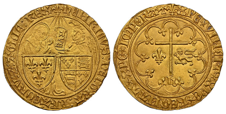 1087563 GREAT BRITAIN. Anglo-Gallic. Henry VI. (King, 1422-53). Second Emission (from 6 February, 1423)-(lis) AV Salut d'Or. NGC MS65.  Saint-Lô mint. 3.48gm. (lis mm) hЄИRICVS : DЄI : GRA : FRACORV : Ƶ : AGLIЄ : RЄX. The Virgin Mary standing behi...