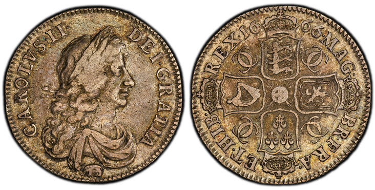 1087273 GREAT BRITAIN. Charles II. (King, 1660-1685). 1666 AR Halfcrown. PCGS VF30.  London Mint. Variety of the third bust of Charles II, elephant below / Cruciform shields of arms with entwined CC monogram in each angle. KM 428.3; SCBC-3364; Bul...