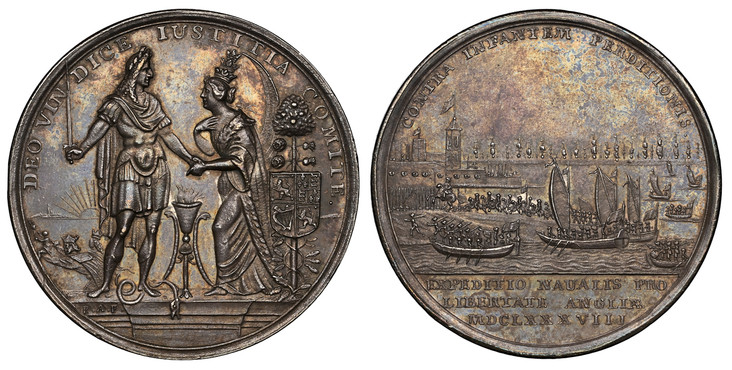 1087934 GREAT BRITAIN. England. James II. (King, 1685-1688). 1688 AR Medal. NGC MS62.  By R. Arondeaux. Edge: Plain. 49mm. DEO VIN DICE IUSTITIA COMITE•. William as a Roman emperor standing right with raised sword, trampling down the Serpent of Di...