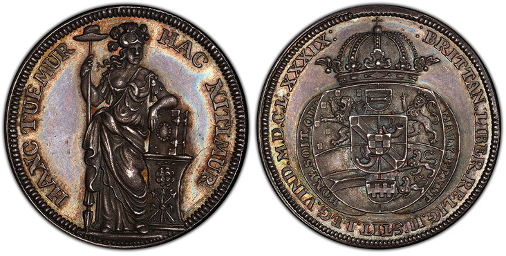 1088040 GREAT BRITAIN. England. William and Mary. 1689 AR Medal. PCGS SP65.  Edge: Reeded. HANC TUEMUR HAC NITIMUR. Standing figure of Liberty holding Phrygian cap on staff and resting arm on a Bible placed on decorated altar / BRITTAN LIBER RELIG...