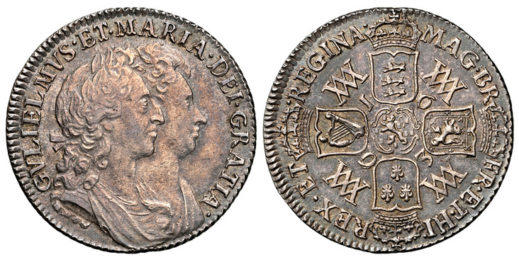 1087321 GREAT BRITAIN. England. William and Mary. 1693/0 AR Shilling. NGC AU58.  Conjoined busts of William and Mary right / Crowned cruciform arms with WM monograms in angles and numerals of date. KM 480; ESC-867A (Prev. ESC-1076A); SCBC-3437.

O...