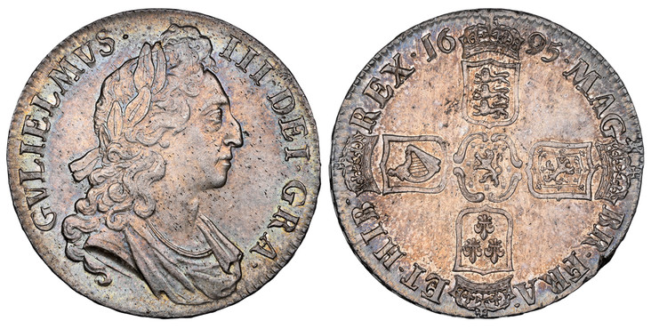 1087953 GREAT BRITAIN. England. William III. (King, 1695-1702). 1695 AR Crown. NGC MS63.  Edge: OCTAVO. First bust of William III right / First harp in left shield. KM 486; SCBC-3470; ESC-991 (Prev. ESC-87); Dav.-3781.

Please use this link to ver...