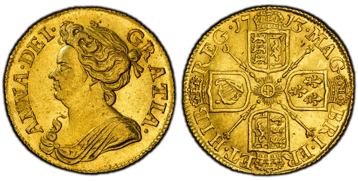 1087226 GREAT BRITAIN. Anne. (Queen, 1702-1714). 1713 AV Guinea. PCGS MS62.  ANNA · DEI · - GRATIA ·. Third bust left / MAG - BRI · FR - ET · HIB - REG ·. Crowned shields in cruciform, sceptres at angles. KM 534; SCBC-3574; EGC-477; MCE 225; Fried...
