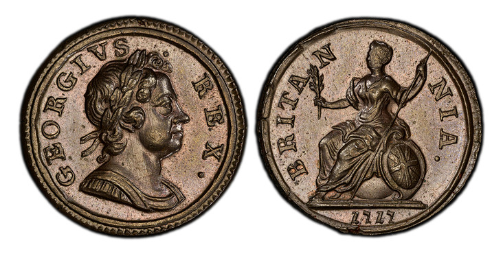 1086763 GREAT BRITAIN. George I. (King, 1714-1727). 1717 CU Farthing. PCGS MS64BN (Brown).  GEORGIVS - · - REX ·. Laureate bust right / BRITA - N - NIA ·. Brittania seated left. KM 548; SCBC-3661; BMC 783; Cooke 458.

Please use this link to verif...