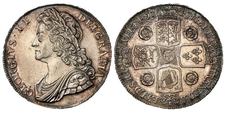 1087362 GREAT BRITAIN. George II. (King, 1727-1760). 1741 AR Crown. NGC AU55.  GEORGIVS · II · - DEI · GRATIA ·. Laureate bust left / F · D · B · - ET · L · D · S · R · I · - A · T · ET · E · - M · B · F · ET · - H · REX ·. Roses between shields. ...