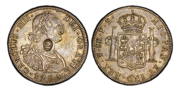 1086815 GREAT BRITAIN. George III. (King, 1760-1820). (1797) AR Dollar. PCGS AU53.  Oval countermark with head of George III over Bolivia 1794 PTS-PR 8 Reales. CAROLUS • IIII • DEI • GRATIA. Laureate bust right / HISPAN • ET IND • REX •. Crowned a...