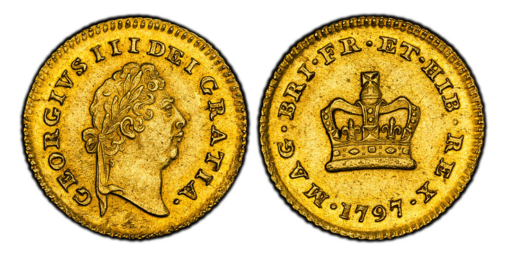 1086849 GREAT BRITAIN. George III. (King, 1760-1820). 1797 AV Third-Guinea. PCGS MS62.  GEORGIVS II DEI GRATIA ·. Laureate head right / MAG · BRI · FR · ET · HIB · REX ·. Crown. KM 620; SCBC-3738.

Please use this link to verify the PCGS certifica...