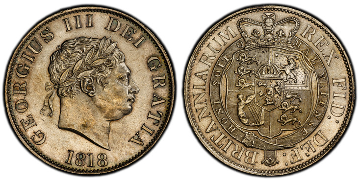 1087363 GREAT BRITAIN. George III. (King, 1760-1820). 1818 AR Halfcrown. PCGS MS63.  GEORGIUS III DEI GRATIA. Small laureate head right / BRITANNIARUM REX FID: DEF:. Crowned arms within order chain. KM 672; SCBC-3789.

Please use this link to veri...