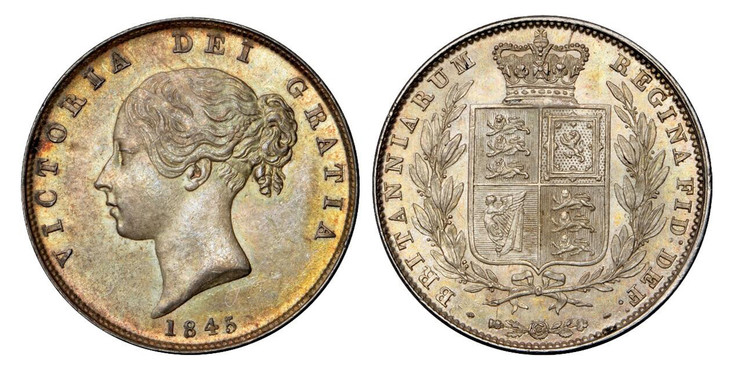 1087967 GREAT BRITAIN. Victoria. (Queen, 1837-1901). 1845 AR Halfcrown. NGC MS63.  VICTORIA DEI GRATIA. Head left / BRITANNIARUM REGINA FID: DEF:. Crowned arms within branches. KM 740; SCBC-3888; ESC-2722 (Prev. ESC-679).

Please use this link to ...