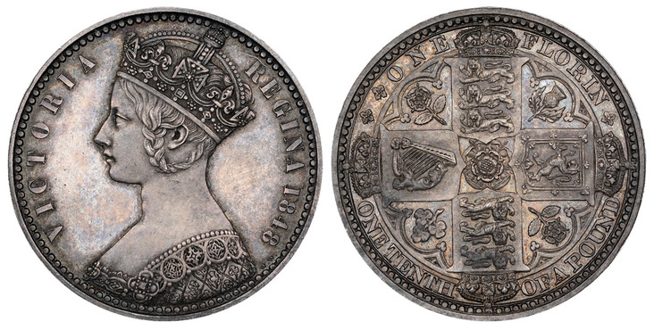 1087915 GREAT BRITAIN. Victoria. (Queen, 1837-1901). 1848 AR Pattern Gothic Florin, Two Shillings. NGC PR62.  London. Edge: Plain. VICTORIA REGINA. Crowned bust left / Crowned shields of England, Scotland and Ireland in cross formation with flower...