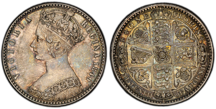 1088016 GREAT BRITAIN. Victoria. (Queen, 1837-1901). 1849 AR "Godless" Florin, Two Shillings. PCGS MS63.  Edge: Milled. VICTORIA REGINA. Crowned bust left, with W.W. behind bust within linear circle / Crowned shields of England, Scotland and Irela...